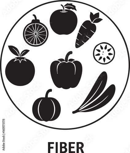 Circle of healthy foods rich in fiber including fruits and vegetables for a balanced diet illustration