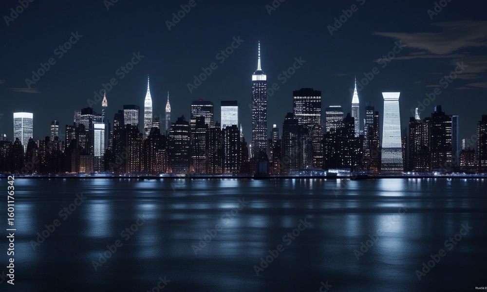 Fototapeta premium Majestic Manhattan: A Nighttime Skyline View of New York City Reflected on the Hudson
