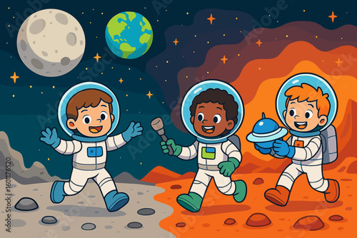 Diverse Cartoon Children in Space Suits on a Colorful Planet