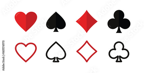 Isolated playing card symbols on a white background in flat and monoline styles: Ace, diamond, spade, heart, club. Poker playing concept. Playing card icon set, Gambling, Poker symbols.