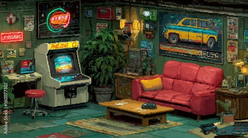 Vibrant and Nostalgic Arcade Room Capturing the Essence of 80s Gaming With Neon Lights and Retro Decor in a Lively Atmosphere