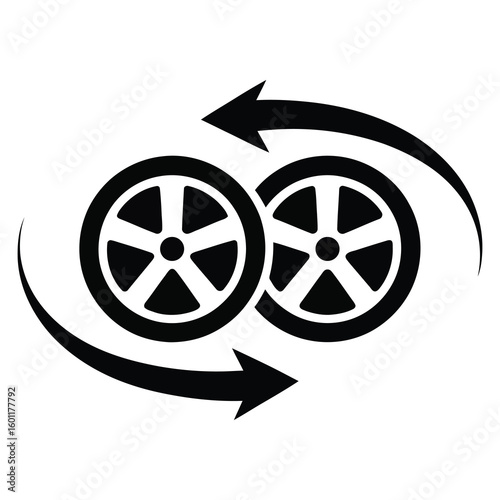  A minimalist black and white icon design showing two car wheels with five spoke star patterns 