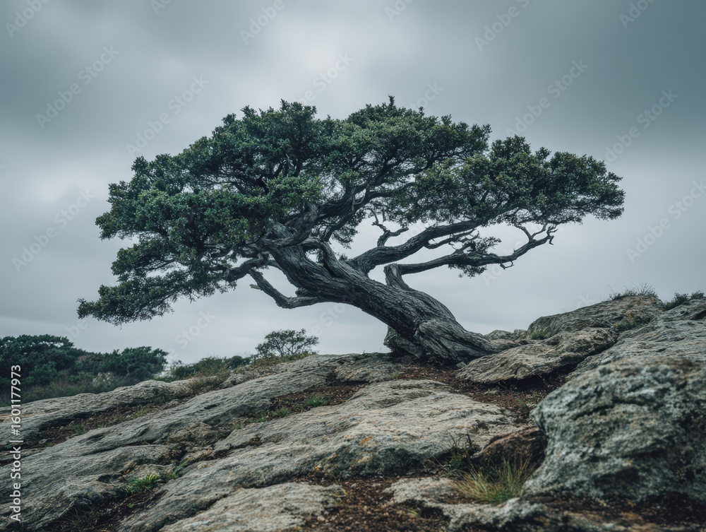 Windswept tree on rocky outcrop. Moody, serene landscape. Perfect for travel, nature, or environmental projects. Windswept tree on rocky outcrop. Moody, serene landscape. Perfect for travel, nature, or environmental projects.