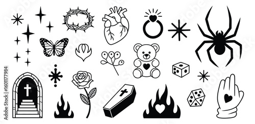 Vector art of a gothic tattoo design sheet features spiders butterflies hearts and other spooky elements