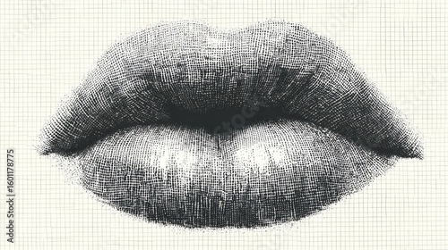 Retro Halftone Abstract Representation of Female Lips in High-Resolution Detail, Showcasing Artistic Expression Against a Clean White Backdrop