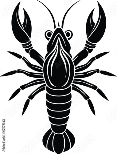 Vector art of a black silhouette of a lobster is facing forward with its claws raised against a white background