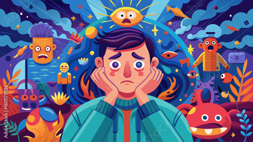 Anxious man with worried expression surrounded by chaotic surreal elements symbolizing fear, pressure, and mental overload