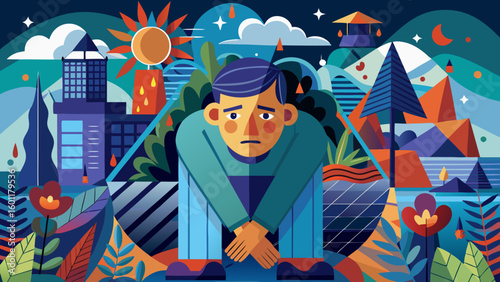 Depressed man sitting with crossed arms in a vivid surreal environment symbolizing emotional struggle and mental health challenges