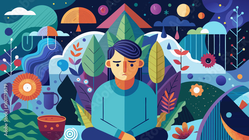Sad man sitting quietly in a colorful yet melancholic surreal landscape symbolizing depression and emotional isolation