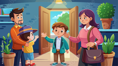 Cartoon family with parents and children saying goodbye at home entrance as the boy prepares to leave for school or an outing