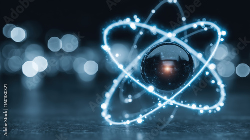 Glowing atom illustration on dark background. A digital rendering full of energy and motion. Science concept, energy source, scientific research.