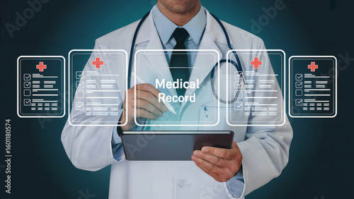 Doctor uses tablet to access digital medical records, showcasing modern healthcare technology and patient data management.