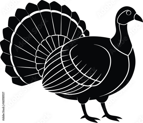 Vector art of a black and white silhouette of a turkey displaying its full tail feathers in a proud and majestic pose