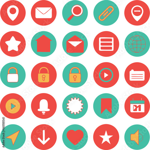 Collection of flat design icons in red and teal featuring navigation mail search and media symbols