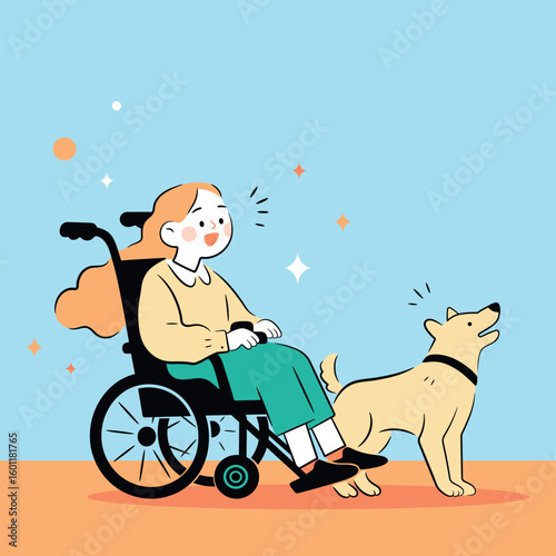 Happy girl in wheelchair with a service dog. Inclusive person concept in a colorful, positive style. Vector cartoon illustration.