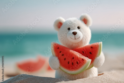 A fluffy bear holding watermelon slices on a beach. A whimsical, summery scene with a toy bear. Freshness, childhood memories, summer fun.