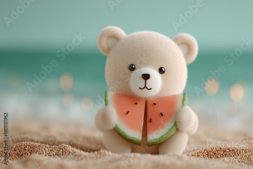Cute teddy bear on beach holding watermelon. A whimsical, summery scene full of joy. Childhood memories, sweet treat, playful scene.