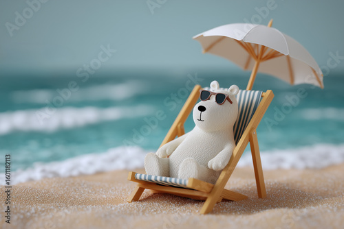 Polar bear toy relaxing in a lounge chair under a beach umbrella on the sand. A calming scene of vacation and summertime relaxation. Tropical getaway, vacation vibes, travel destination.
