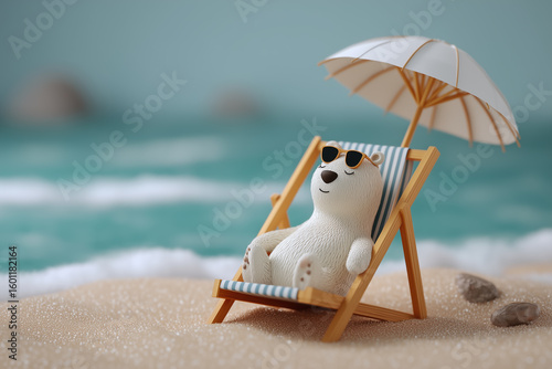 Polar bear relaxing on beach chair under umbrella near ocean. A charming, whimsical illustration evokes relaxation and summertime bliss. Beach escape, summer vibes, carefree lifestyle.
