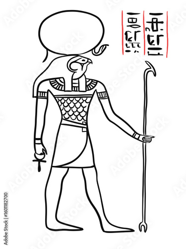Ra, the ancient Egyptian sun god, depicted with a falcon head and traditional garments. Isolated on white, ideal for mythology or history-related visuals.