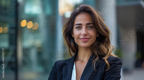 Wallpaper Mural A confident young businesswoman smiles warmly while standing in front of a modern glass office Torontodigital.ca