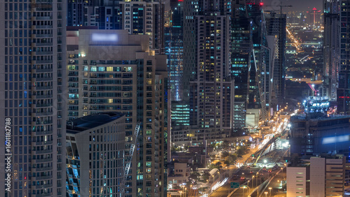 Photography Dubai Downtown night timelapse modern towers view from the top in Dubai, United Arab Emirates