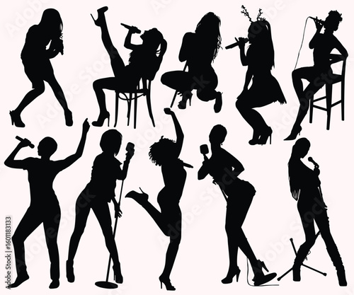 Collection of Woman Singer silhouettes in different poses. Woman singer silhouette, sexy lady singer on mic, Singer singing silhouette, vocalist singing to microphone. Female Singers Silhouette Set