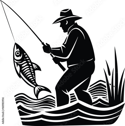 Fisherman in hat reels in a large fish from wavy water silhouette vector 