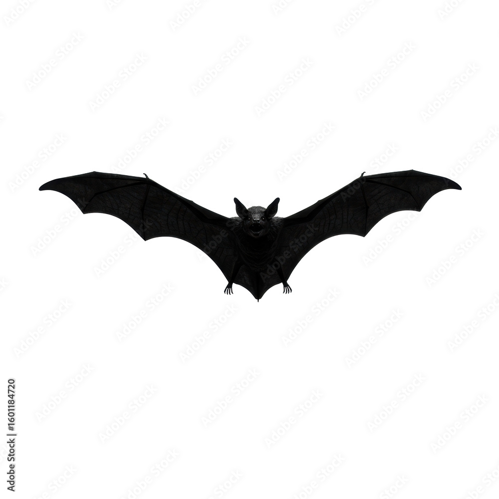 Fototapeta premium A single black bat silhouette in mid-flight with wings spread wide, lifelike and sharp, isolated on a clean white background with copy space, no shadows. Concept for Halloween graphic design
