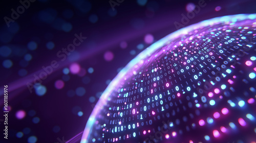 Digital Globe Surrounded by Neon Data Orbits and Binary Code