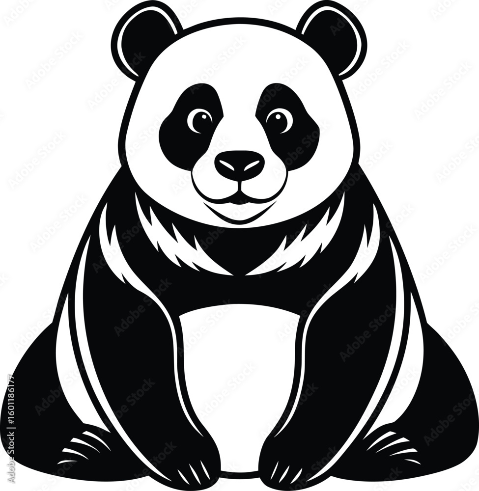 Fototapeta premium Charming black and white illustration of a sitting giant panda silhouette vector 