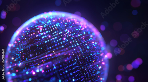 Futuristic Digital Globe with Neon Data and Binary Code Orbits