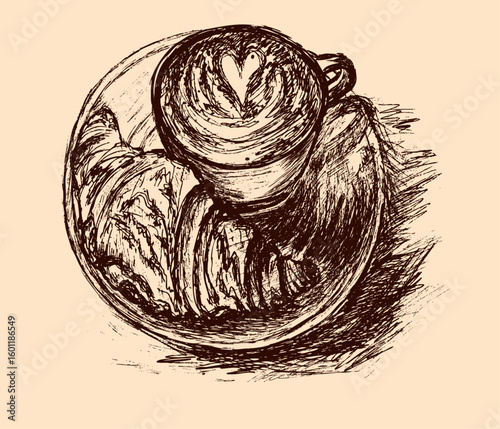 
Artistic Sketch of Morning Coffee and French Pastry. Hand-drawn vintage illustration of a coffee cup with heart-shaped latte art and croissant on a plate, detailed ink sketch on beige background
