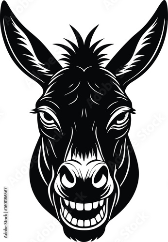 Vector art of a black and white donkey head with a funny smile is isolated on a white background illustrated in