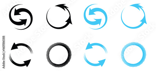 Vector art of a set of circular arrow icons in black and blue are displayed on a white background indicating rotation