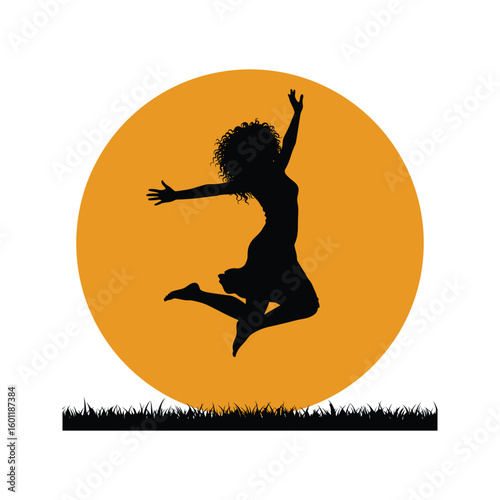 Silhouette of a joyous woman jumping against a sunset freedom happiness summer