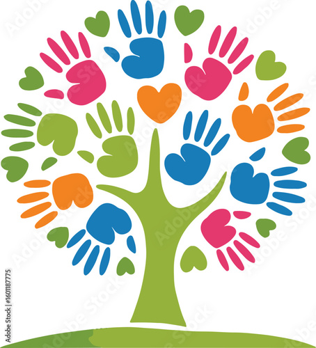 vibrant handprint tree with hearts graphic design for charity volunteer education and teamwork campaigns