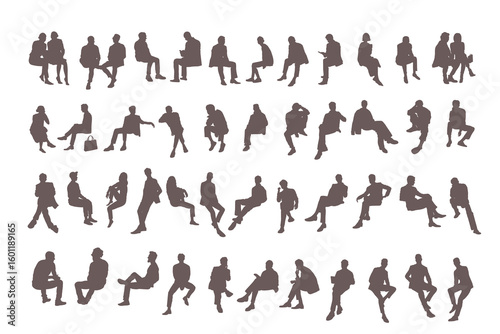 Monochrome Vector Silhouettes of Seated People – Men and Women Sitting in Various Poses