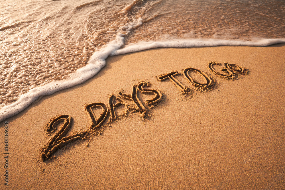Fototapeta premium “2 Days to Go” Handwritten in Warm Beach Sand with an Incoming Wave and Serene Lighting for Event Teasers