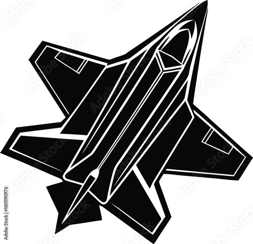 Stylized black and white silhouette of a modern stealth fighter jet