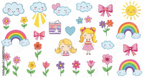 Crayon drawn doodle collection for kids featuring colorful childish elements like clouds, flowers, bows, rainbows, and sun in a naive cute art style. Adorable girly illustrations for decoration or des