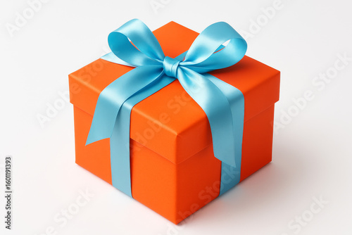 Vibrant Orange Gift Box with Light Blue Satin Ribbon and Bow – Colorful Festive Packaging on White Background

