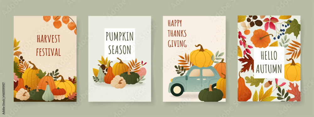 Fototapeta premium Set of cozy autumn cards with pumpkins, colorful leaves, berries and seasonal decor. Warm fall mood and textured hand-drawn elements Trendy vector design for Thanksgiving poster, banner, card or print