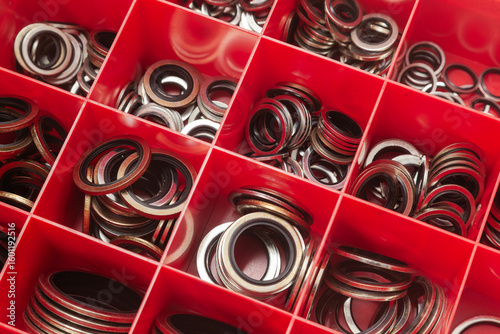 A set of steel sealing rings with a rubber core.