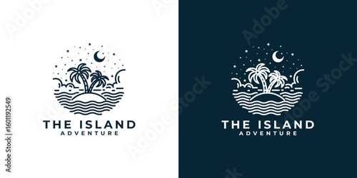 Nature landscape logo with palm tree on the island, sea or beach, and crescent moon at night in vintage style monoline vector design