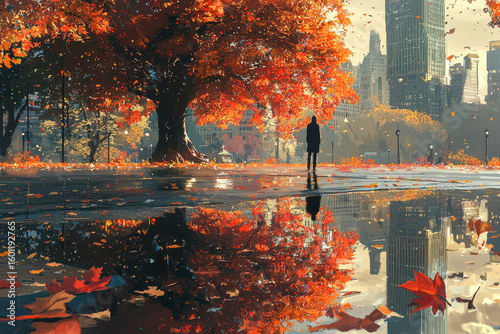Serene autumn scene with a solitary figure and vibrant reflections in an urban park