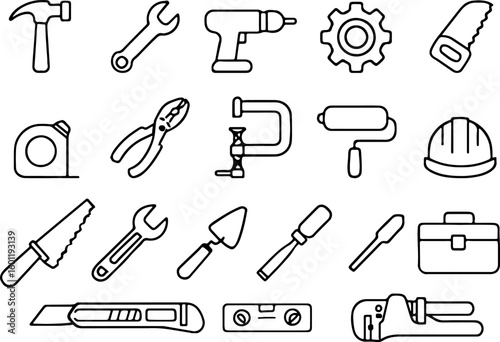 Collection of hand drawn construction and diy tools for building and repair projects