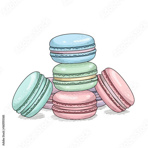 Colorful macarons stacked on top of each other in pastel shades  