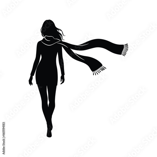 Silhouette of a Woman Walking with Flowing Scarf   Autumn Fashion Black and White Vector Illustration