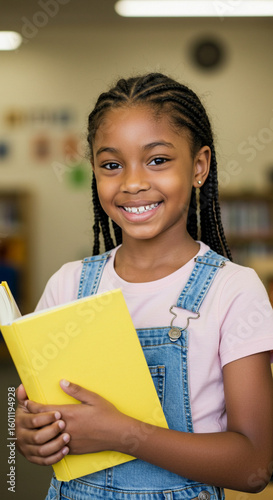 Menina criança negra estudante sorrindo segurando livro amarelo